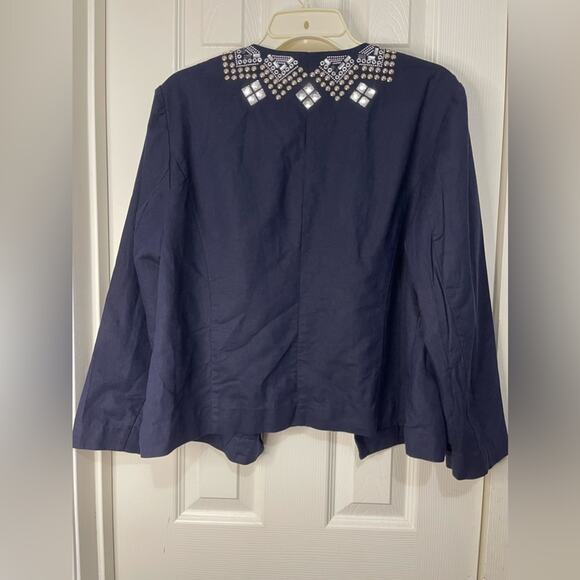 Chico’s Blue Crop Open Front Linen Blend Stud Rhinestone Jacket size Large - Picture 9 of 9